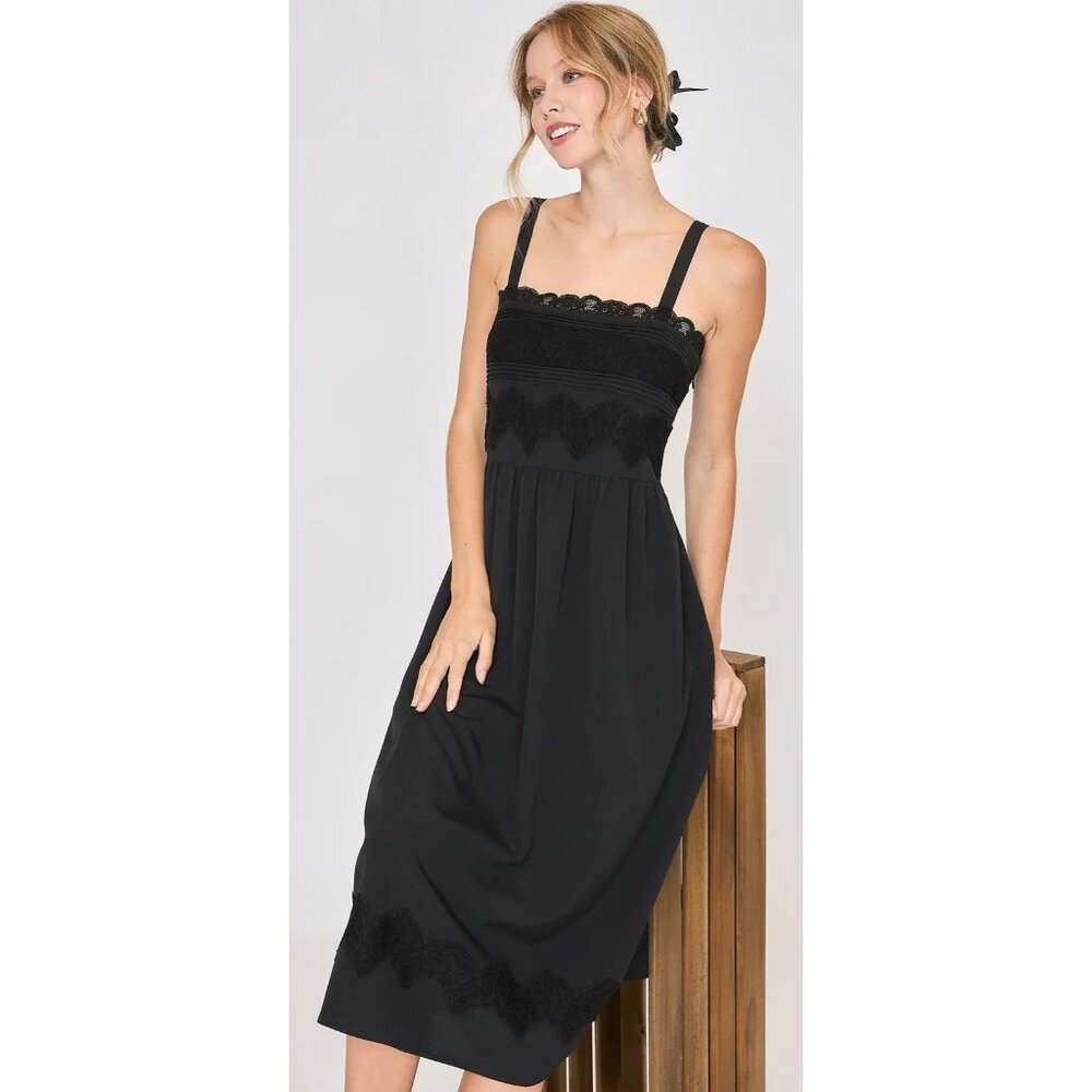 NWT Umgee Black Sleeveless Midi Dress W/ Lace Applique Size Small
